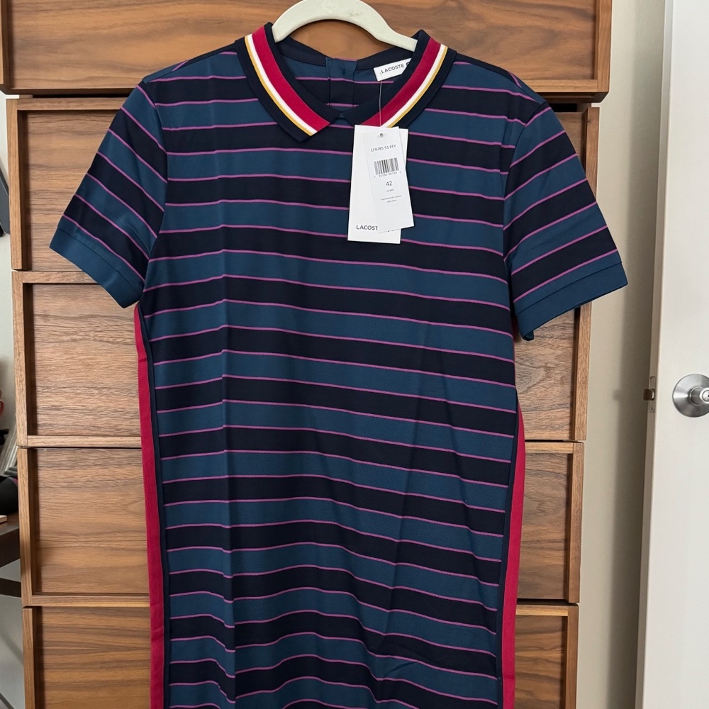 Lacoste Striped Polo Dress – Navy/Magenta – Size 42 (US Medium/Large) – NWT